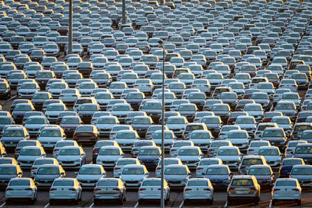 Volkswagen Group Rus, Russia, Kaluga - MAY 25, 2020: Rows of a new cars parked in a distribution...