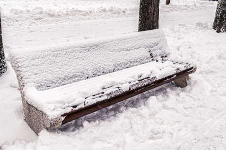 A bench in the park covered with snow in winter. Winter weather and first snow concept.