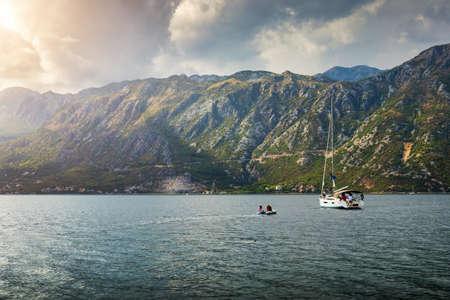 Sailing ship in the bay of the Adriatic Sea. Vacation on a sailboat near the coast.の写真素材