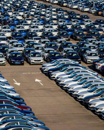 Volkswagen Group Rus, Russia, Kaluga - MAY 25, 2020: Rows of a new cars parked in a distribution...