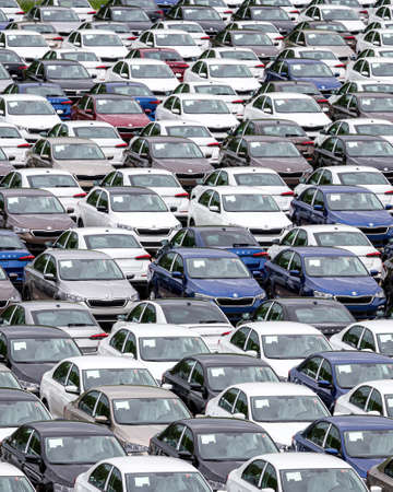 Volkswagen Group Rus, Russia, Kaluga - MAY 25, 2020: Rows of a new cars parked in a distribution...