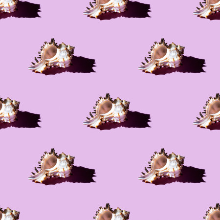 Seamless pattern of clam shells on a pastel pink background. summertime concept.