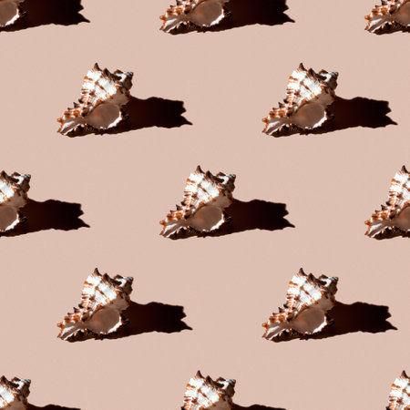 Seamless pattern of clam shells on a pastel orange background. summertime concept.