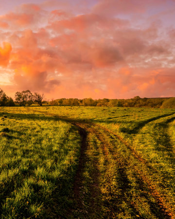 Sunset or sunrise in a spring field with green grass, willow trees and cloudy sky.の写真素材