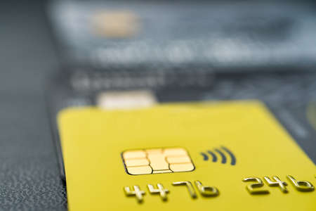 Close-up shot of a debit or credit plastic cards with a chip.の写真素材