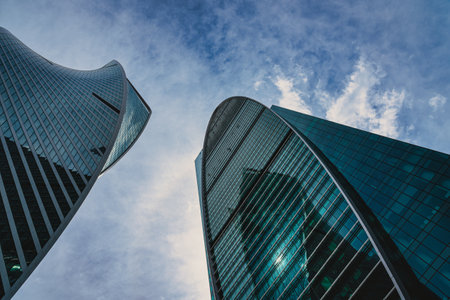 RUSSIA, MOSCOW - JULY 17, 2022: Low angle view of Moscow-City skyscrapers. New business and finance...