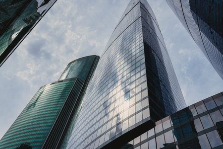 RUSSIA, MOSCOW - JULY 17, 2022: Low angle view of Moscow-City skyscrapers. New business and finance...
