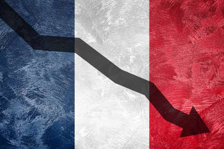 Arrow down on the background of the France flag. The concept of economic recession, depression, crisis and the value of securities.の写真素材