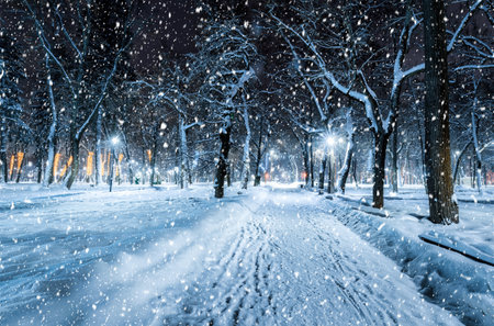 Snowfall in a winter park at night with christmas decorations, glowing lanterns, pavement covered with snow and trees.の写真素材