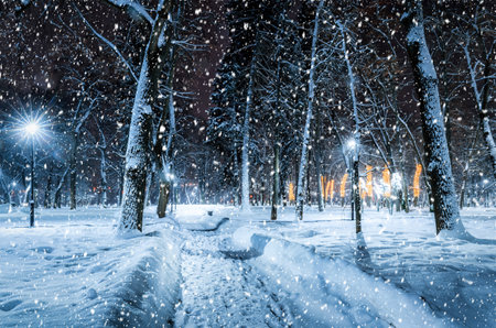 Snowfall in a winter park at night with christmas decorations, glowing lanterns, pavement covered...