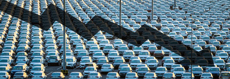 Rows of a new cars parked in a distribution center on a car factory on a cloudy day. Top view to the parking in the open air.の写真素材