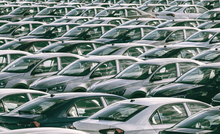 Rows of a new cars parked in a distribution center on a car factory on a sunny day. Parking in the...