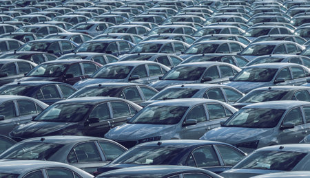 Rows of a new cars parked in a distribution center on a car factory on a sunny day. Top view to the parking in the open air.の写真素材