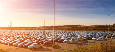 Volkswagen, Russia, Kaluga - NOVEMBER 1, 2022: New cars parked in a distribution center on a sunset, a car factory. Parking in the open air with sunshine.のeditorial素材