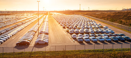 Volkswagen, Russia, Kaluga - NOVEMBER 1, 2022: New cars parked in a distribution center on a sunset,...