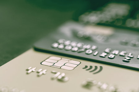 Close-up shot of a debit or credit plastic cards with a chip.