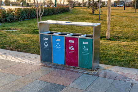 Iron multi-colored containers for separate waste collection. Waste recycling.の写真素材