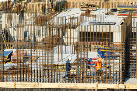 RUSSIA, KALUGA - AUGUST 15, 2022 : A group of workers assembling the framework of a building from...