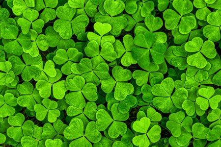Background with green clover leaves for Saint Patrick's day. Abstract backdrop for design with a shamrock. Spingtime nature pattern.の写真素材