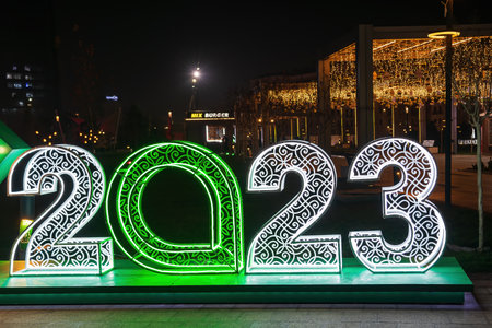 Uzbekistan, Tashkent - December 27, 2022: Christmas decoration in the form of the number 2023 from...