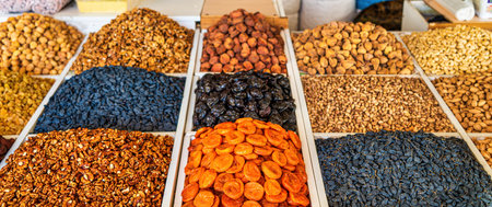 Oriental dried fruits and nuts on the counter of the bazaar. Asian market for nuts and dried fruits.の写真素材