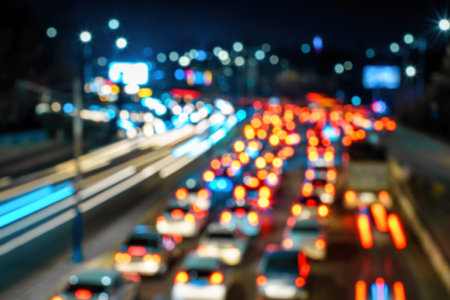 Car traffic light at night city highway.の写真素材