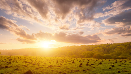 Sunset or dawn in a field with green grass and willows in the background. early summer or spring. Landscape after rain with a light haze.の写真素材
