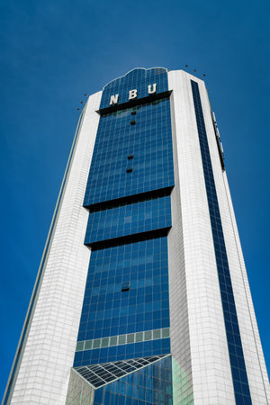 Uzbekistan, Tashkent - March 24, 2023: The building of the National Bank of Uzbekistan against the backdrop of a clear blue sky in Tashkent. NBU.のeditorial素材