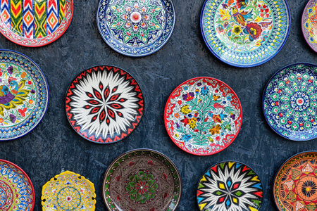 Arabic painted ceramic plates hanging on the wall.の写真素材