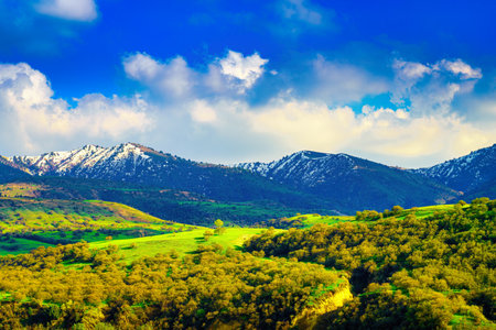 Mountain top covered with young snow and illuminated by the sun on a sunny spring day. mountain landscape.の写真素材
