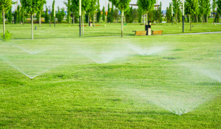 Automatic lawn watering system watering the young green lawn grass in the park during the day.の写真素材