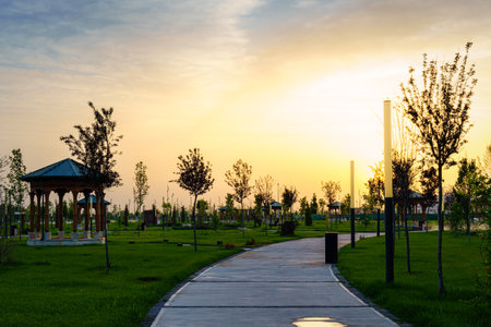 City park in early summer or spring with pavement, lanterns, young green lawn, trees and dramatic cloudy sky on a sunset or sunrise. landscape.の写真素材