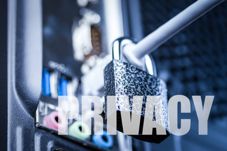 Closed lock hanging on a network cable and word privacy. The concept of security or blocking the Internet or the safety of personal data or privacy. Antivirus or firewall concept.の写真素材