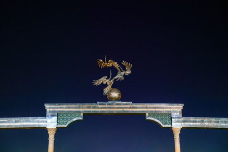 Tashkent, Uzbekistan - August 12, 2023: Memorial of Independence with night illumination in the...