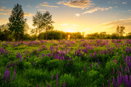 Sunrise or sunset on a field with purple lupines on a cloudy sky background in summer. Landscape.の写真素材