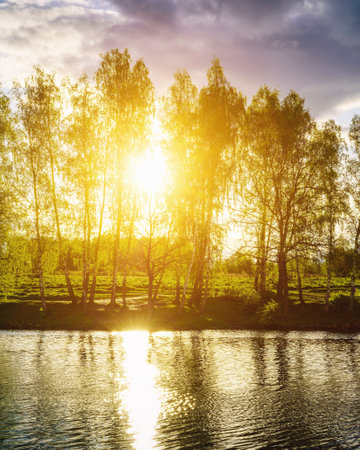 Sunrise or sunset on a pond with birch trees growing along the banks and the sky reflected in the water in early summer. Vintage film aesthetic.の写真素材