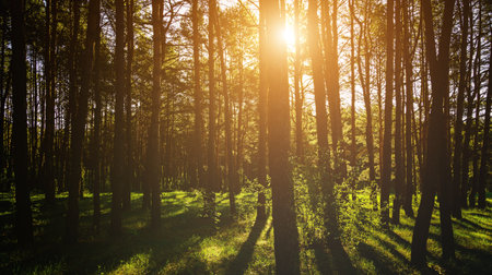 Sunbeams streaming through the pine trees and illuminating the young green foliage on the bushes in the pine forest in springtime. Vintage film aesthetic.の写真素材