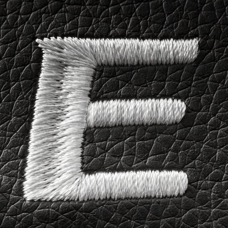 Letter E embroidered with white threads on black leather background. English alphabet. Element for design.の写真素材