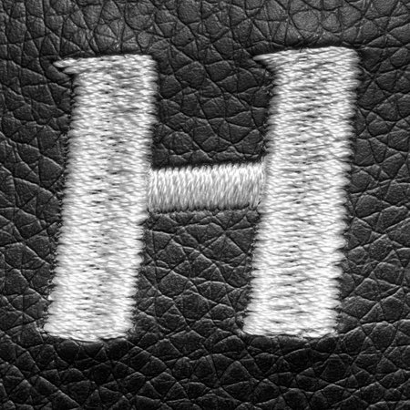 Letter H embroidered with white threads on black leather background. English alphabet. Element for design.の写真素材