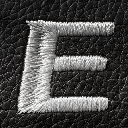 Letter E embroidered with white threads on black leather background. English alphabet. Element for design.の写真素材