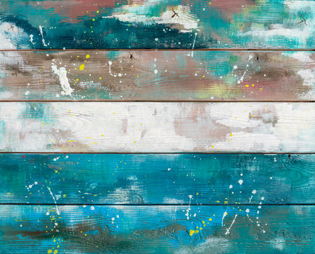 Colorful painted textured wooden plank table top. Abstract background for design.の写真素材