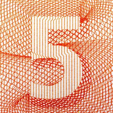 Abstract pattern with orange number 5, detailed geometric lines, white background. Concept of design.の写真素材