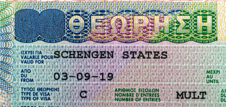 Detailed Schengen visa close-up showing security patterns, text, and design elements on a colorful background, concept of travel documents.の写真素材