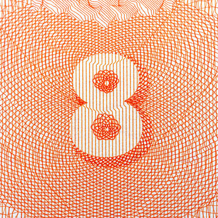 Abstract pattern with orange number 8, detailed geometric lines, white background. Concept of design.の写真素材