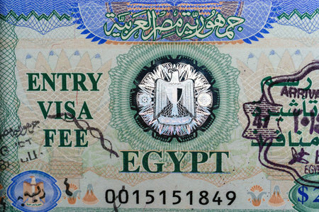 Detailed Egypt visa close-up showing security patterns, text, and design elements on a colorful background, concept of travel documents.の写真素材