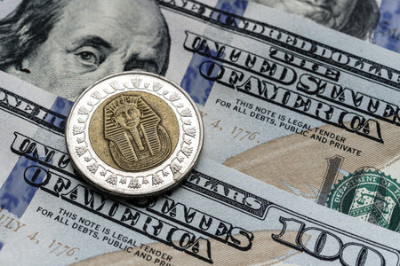 Close-up of a Egypt pound coin placed on US 100 dollar bills, on a white background. Concept of currency comparison and exchangeの写真素材