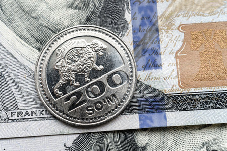 Close-up of a Uzbekistan som coin placed on US 100 dollar bills, on a white background. Concept of currency comparison and exchangeの写真素材