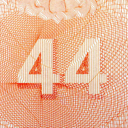 Abstract pattern with orange number 44, detailed geometric lines, white background. Concept of design.の写真素材
