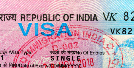 Detailed Republic of India visa close-up showing security patterns, text, and design elements on a colorful background, concept of travel documents.の写真素材