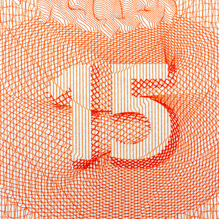 Abstract pattern with orange number 15, detailed geometric lines, white background.の写真素材